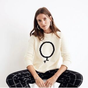 Madewell knit graphic sign Cream chunky crewneck Sweater size small